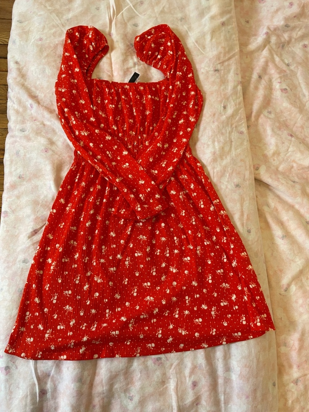 H&M Red Floral Smocked Long-Sleeve Dress